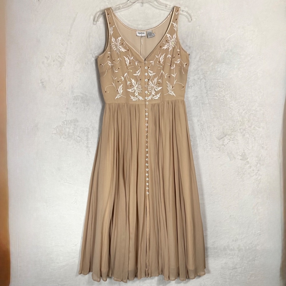 NWT Vintage Embroidered Beaded Chiffon Maxi Dress Size 8 Flowy Fairy Goddess 90s